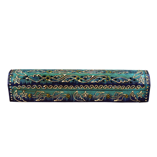 12" Blue Hand-Painted Wood Incense Coffin Box