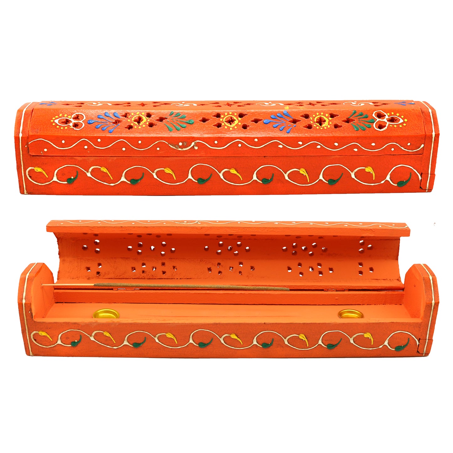 12" Orange  Hand-Painted Wood Incense Coffin Box