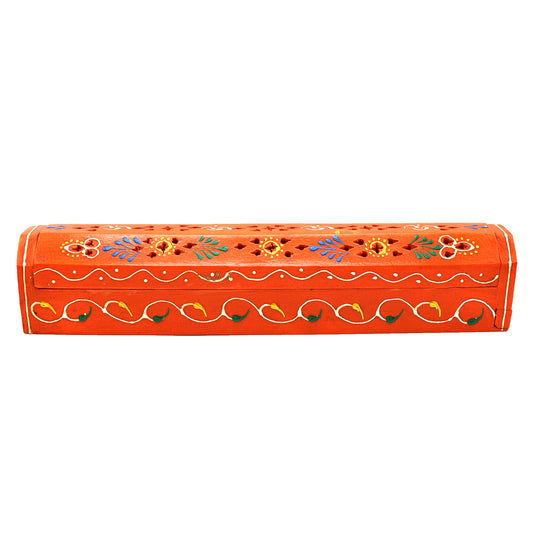 12" Orange  Hand-Painted Wood Incense Coffin Box