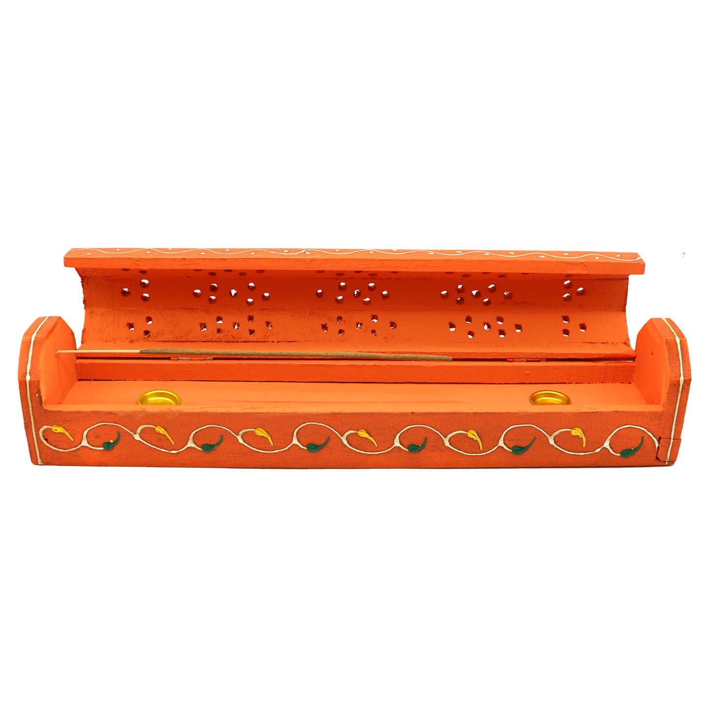 12" Orange  Hand-Painted Wood Incense Coffin Box