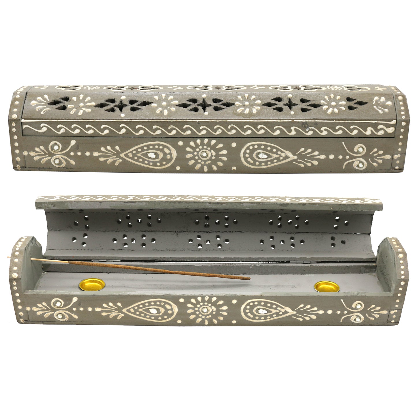 12" Light Grey Hand-Painted Wood Incense Coffin Box