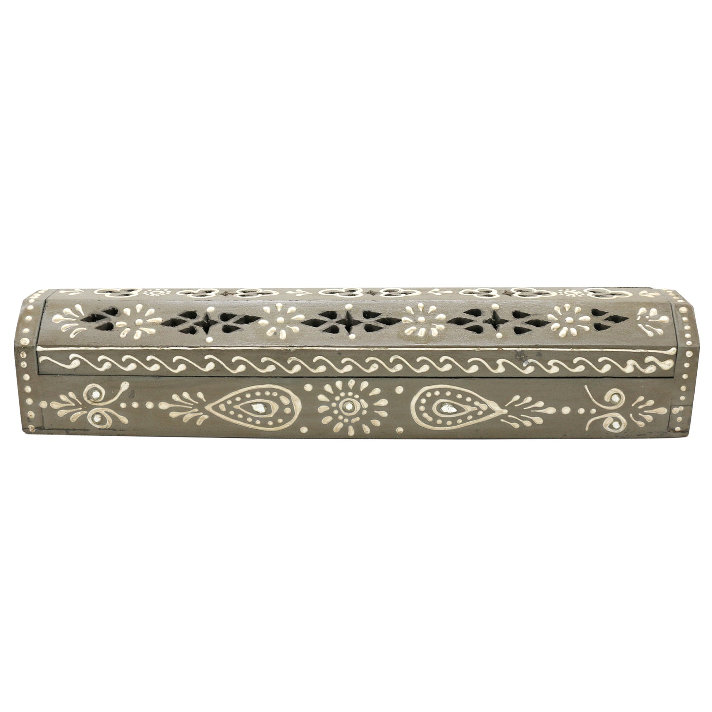 12" Light Grey Hand-Painted Wood Incense Coffin Box