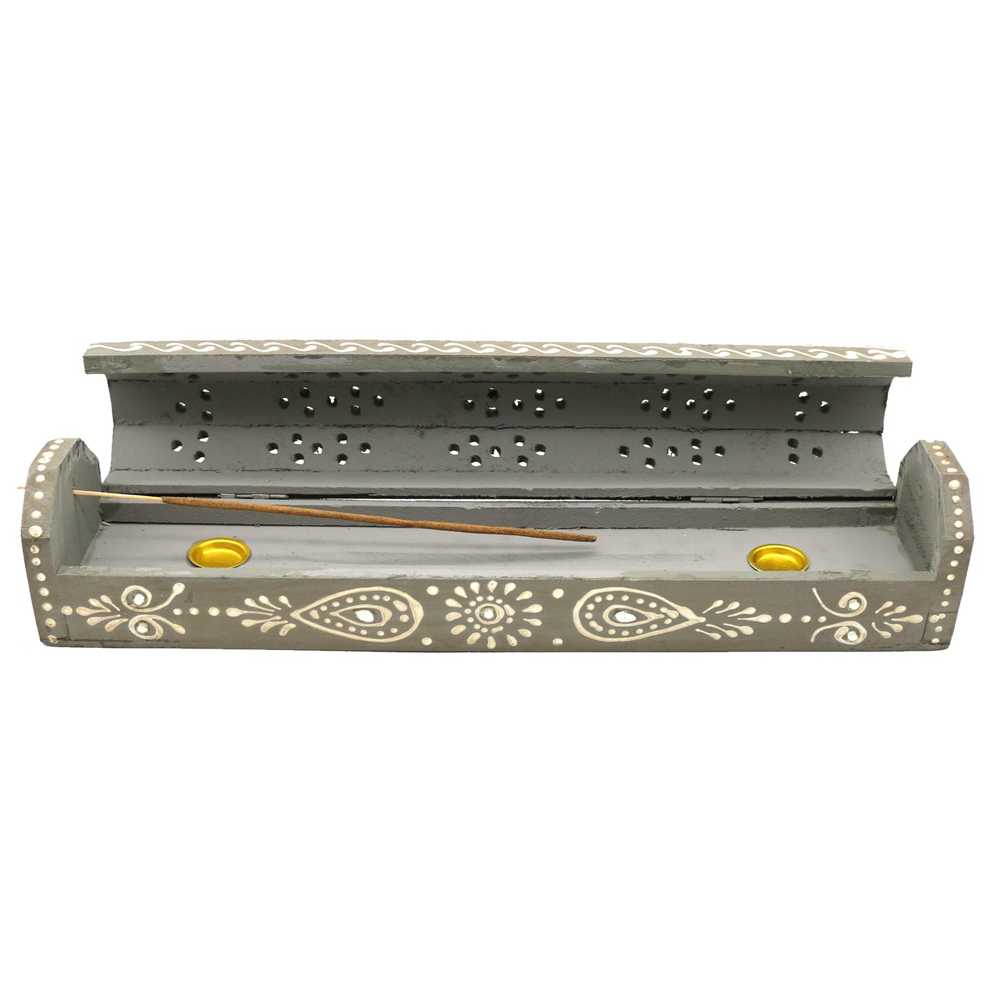 12" Light Grey Hand-Painted Wood Incense Coffin Box