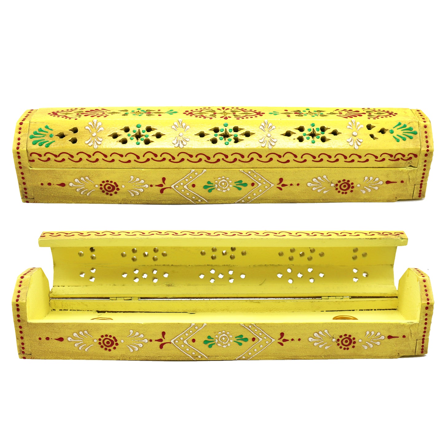 12" Yellow Hand-Painted Wood Incense Coffin Box