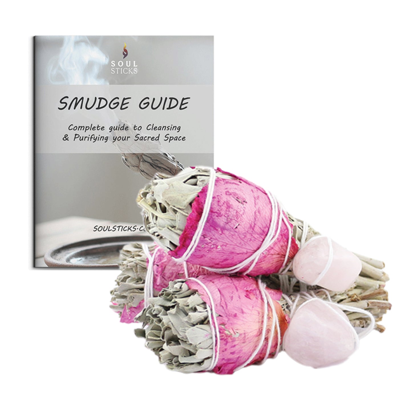 Rose Quartz, Rose Petals & White Sage Torch Smudge Sticks with Smudge Guide (3 PK)