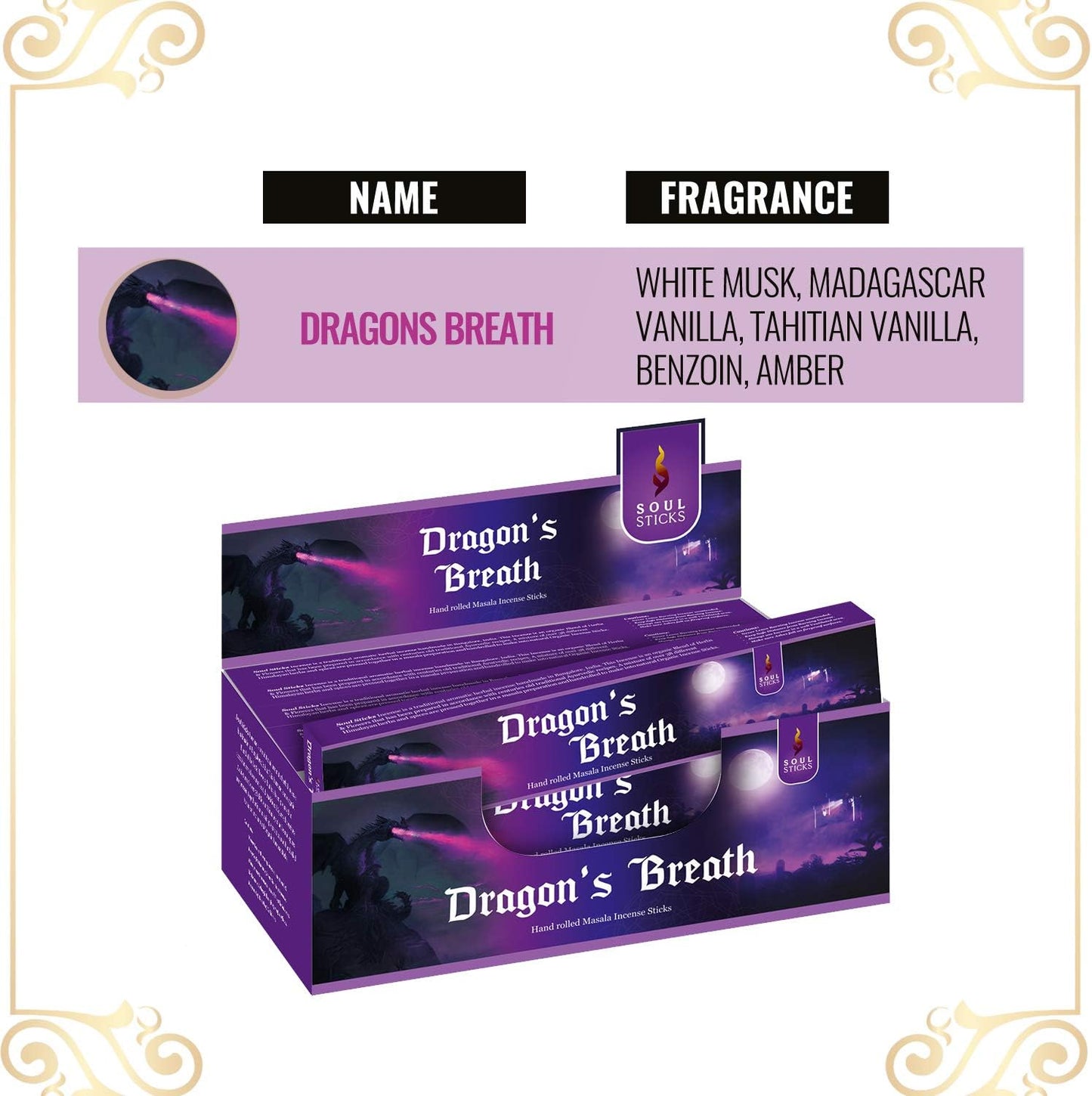 Soul Sticks, 15 G Dragon's Breath Natural Masala Incense Sticks (12 PK BOX)