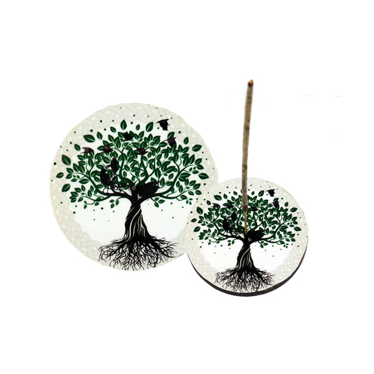 Tree of Life Round Wooden Incense Ash Catcher (4")