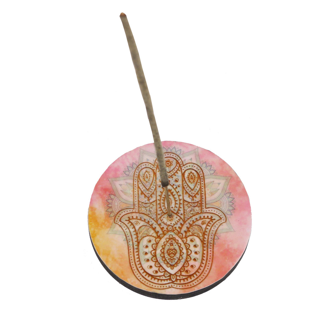 Pink Hamsa Hand Round Wooden Incense Ash Catcher (4")