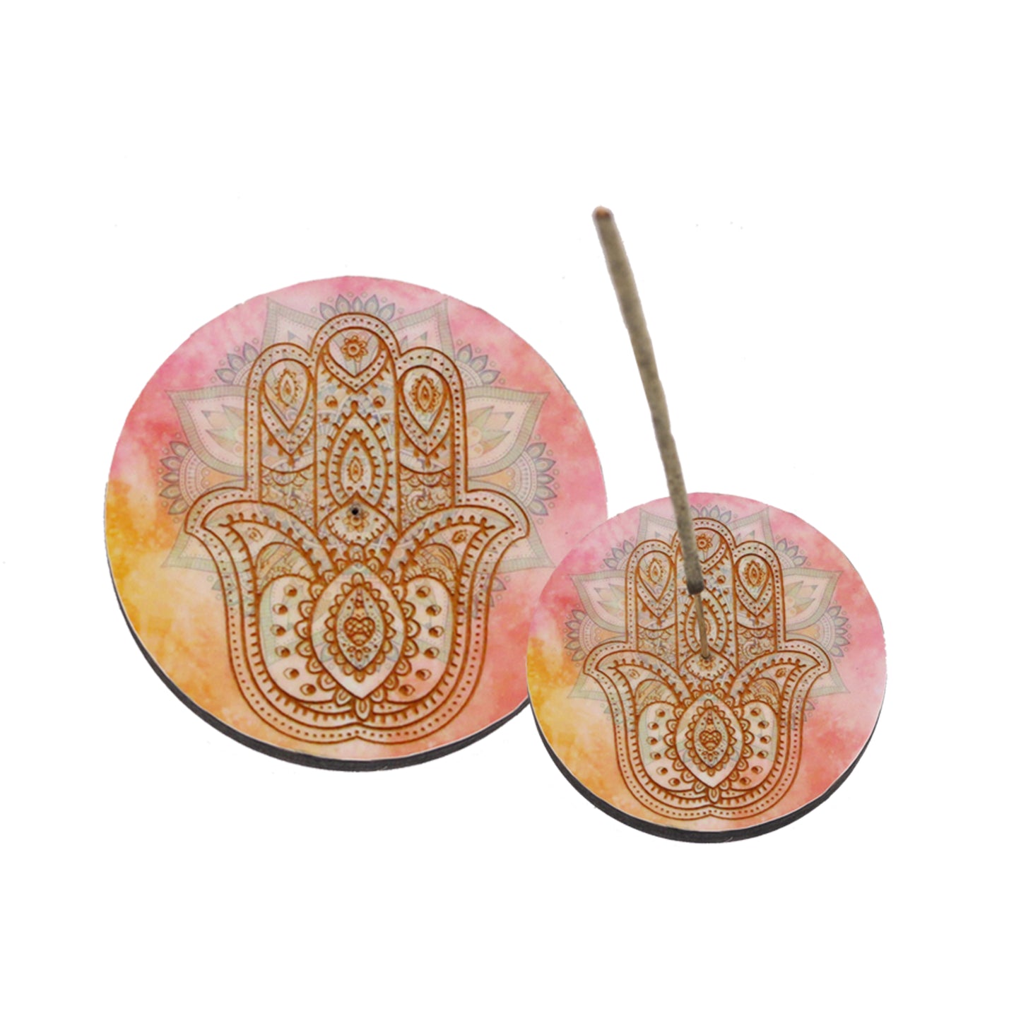 Pink Hamsa Hand Round Wooden Incense Ash Catcher (4")