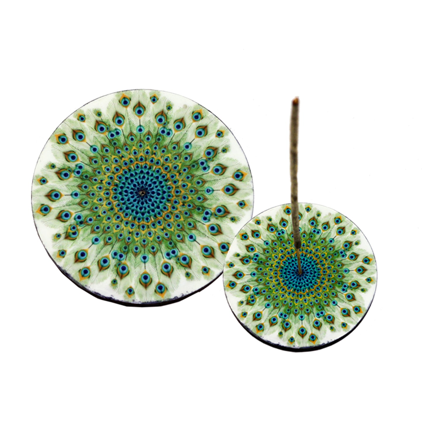 Peacock Round Wooden Incense Ash Catcher (4")