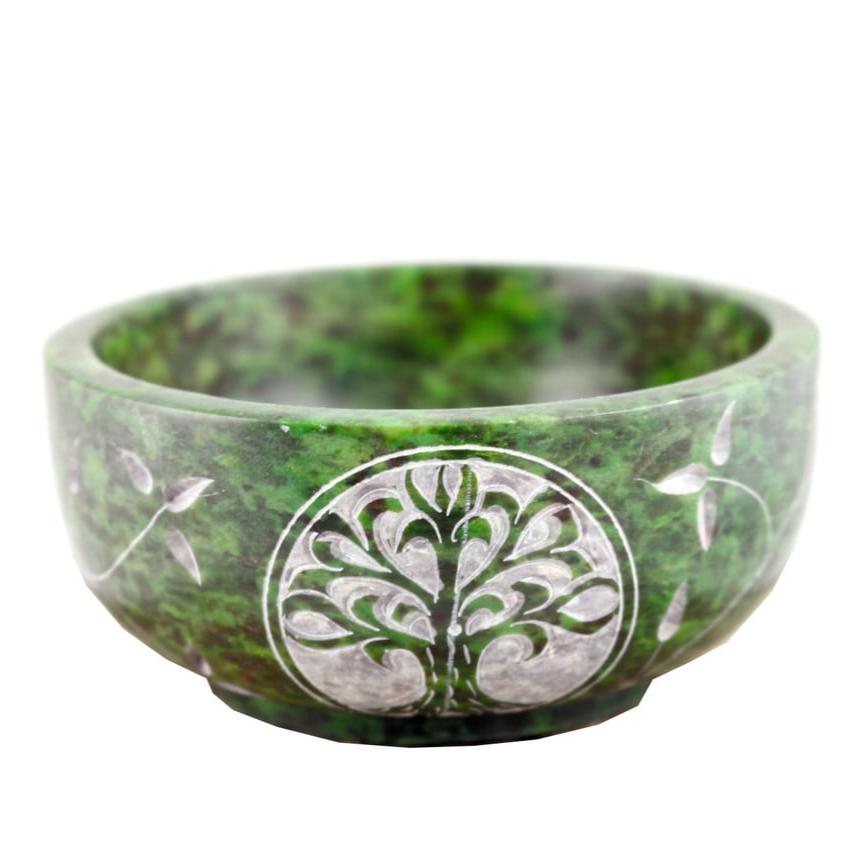 Green Tree of Life Hand-Carved Soapstone Smudge Bowl