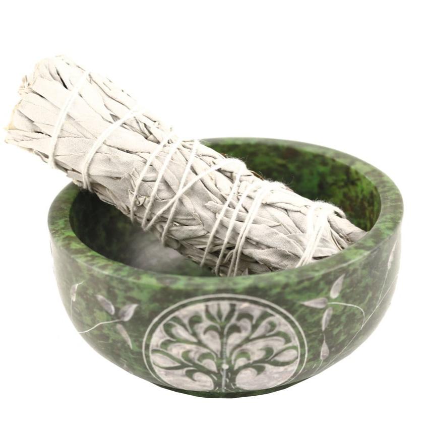 Green Tree of Life Hand-Carved Soapstone Smudge Bowl