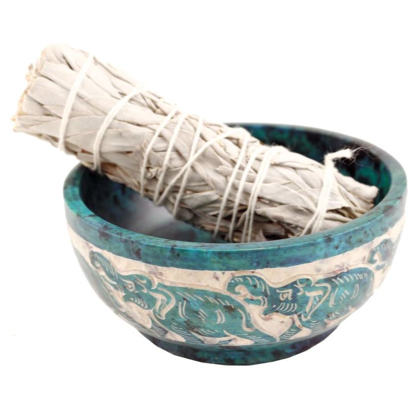 Turquoise Elephant Hand-Carved Soapstone Smudge Bowl