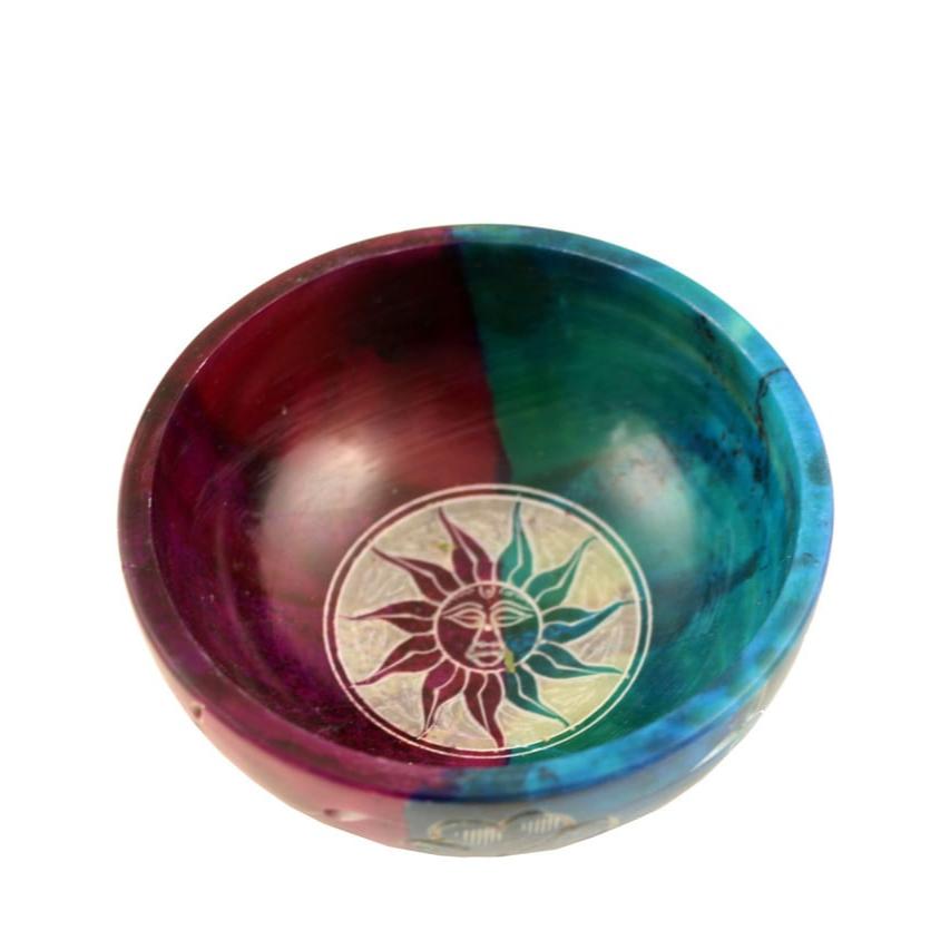 Turquoise & Purple Sun Hand-Carved Soapstone Smudge Bowl