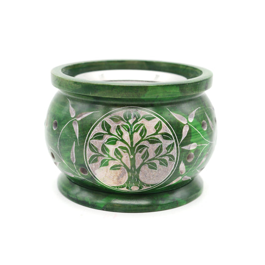 Green Tree of Life Hand-Carved Soapstone Charcoal Burner