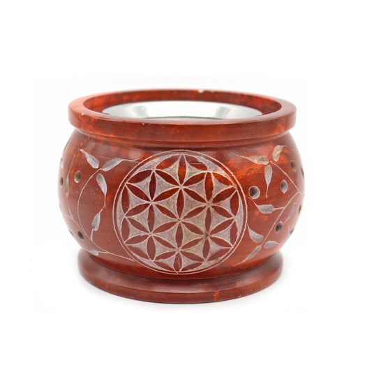 Orange Flower of Life Hand-Carved Soapstone Charcoal Burner