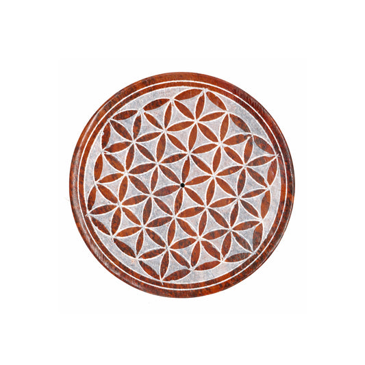 Flower of Life Round Wooden Incense Ash Catcher (4")