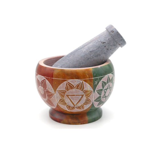 7 Chakras Hand-Carved Soapstone Mortar & Pestle