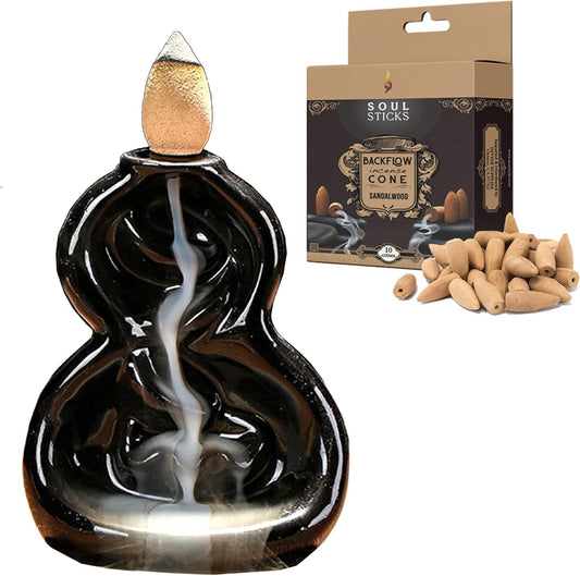 Infinity Falls Backflow Burner + Sandalwood  Backflow Incense Cones Combination Set