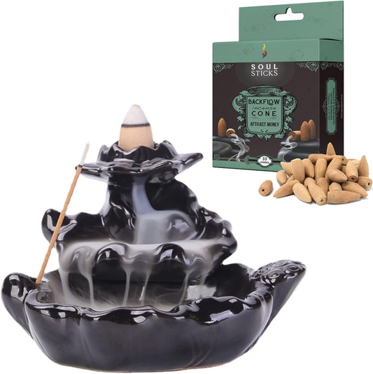 Temple Backflow Burner + Attract Money Backflow Incense Cones Combination Set