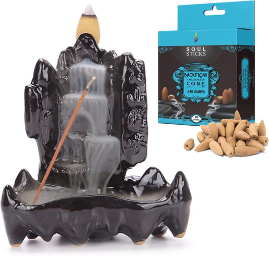 Onyx Falls Backflow Burner + Nag Champa Backflow Incense Cones Combination Set