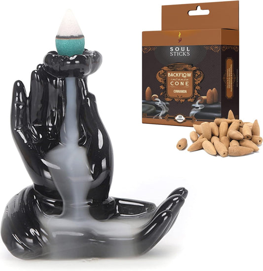 Meditation Hands Backflow Burner + Cinnamon Backflow Cones Combination Set