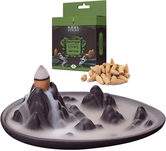 Mountain Peak Backflow Burner + Sweetgrass Backflow Incense Cones Combination Set