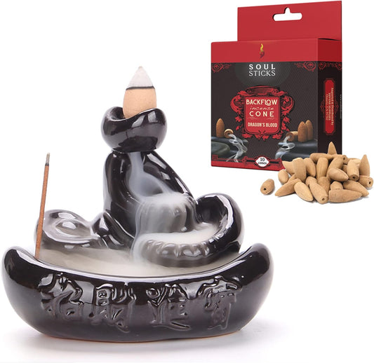 Soul Sticks Dragon Falls Backflow Cone Burner and Dragons Blood Back flow Incense Cones Combination Set