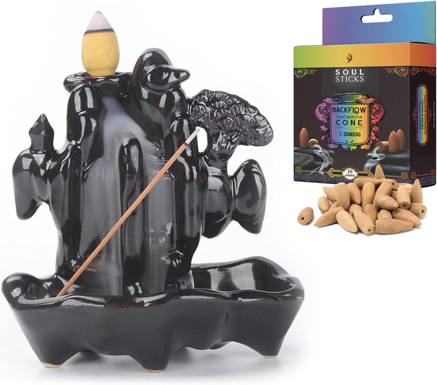 Zen Forest Backflow Burner + 7 Chakras Backflow Incense Cones Combination Set