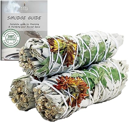 Peaceful Floral Sage Smudge Sticks with Smudge Guide (3 PK)